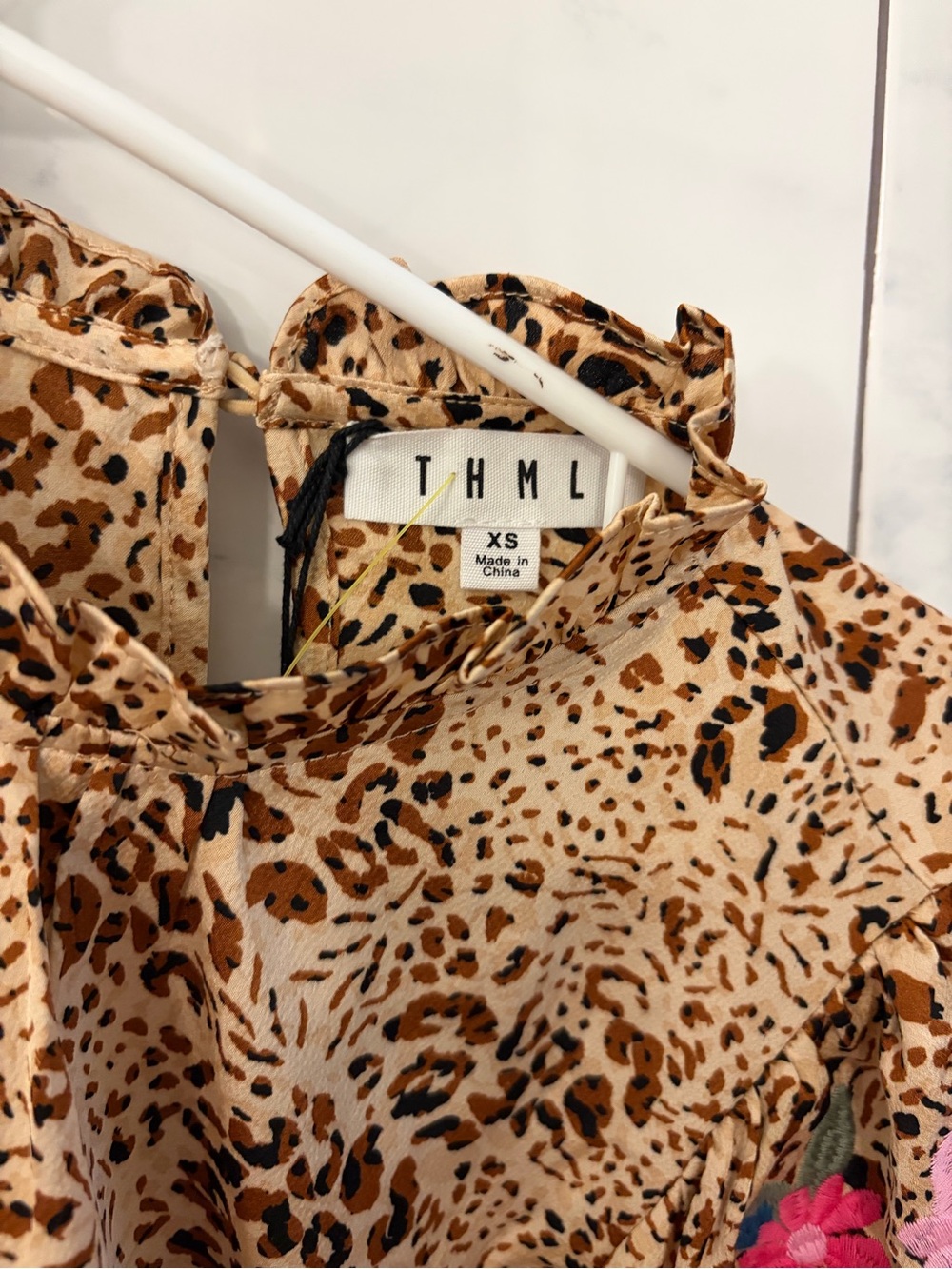 THML Leopard Print Puff Sleeve Top with Pink Floral Embroidery, NEW! - Picture 4 of 5